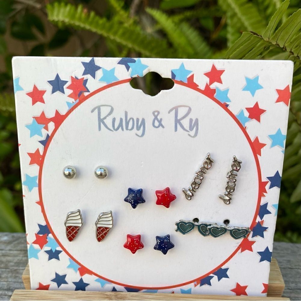 New Ruby & Ry Kids Set of Six 6 Assorted Red/White/Blue Earrings Patriotic USA